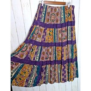 Vintage Carol Little Boho Patchwork Maxi Skirt Purple Teal Floral Size Large